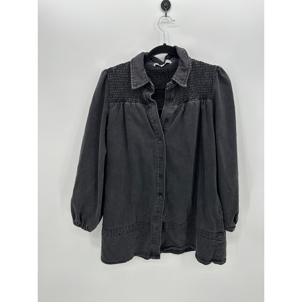 Veveret Womens Smocked Denim Shirt Jacket Puff Sleeve Washed‎ Black Small